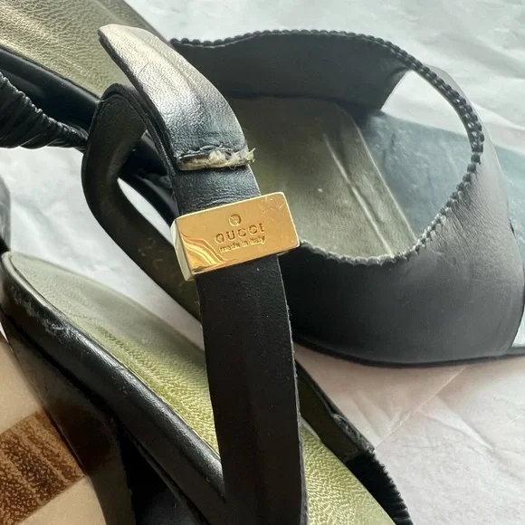 VTG 90s GUCCI slingback sandals sz 8 black leather scalloped edge 4.25in heel - Picture 11 of 16